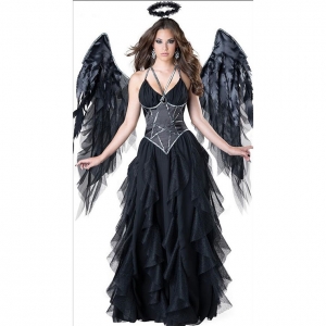 Costume Ange noir avec ailes et halo