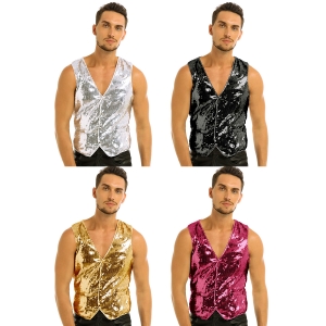 D&eacute;guisement Gilet Homme Disco paillettes argent&eacute;es M &agrave; XL