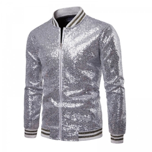 D&eacute;guisement Homme Disco veste zipp&eacute;e sequin argent&eacute; S &agrave; 2XL