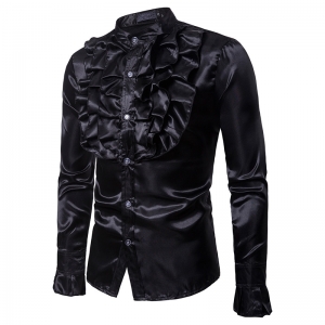 D&eacute;guisement Homme Disco Chemise jabot satin noir M &agrave; XL