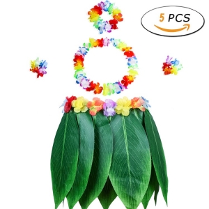 Costume jupe hawai feuille bananier et collier de fleurs