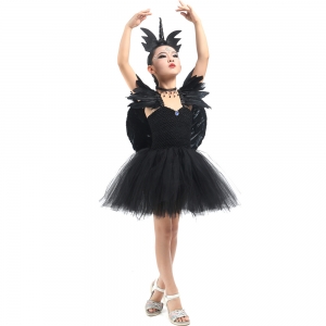 Costume licorne noir avec ailes en plumes pour fille