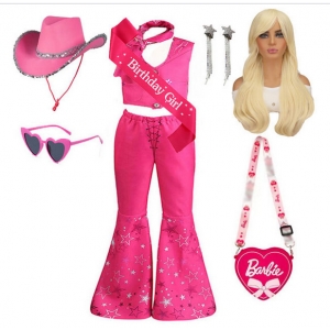 Costume barbie avec chapeau de cow boy, sac et perruque pour fille