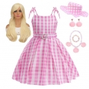Costume barbie robe vichy rose avec bijoux pour fille