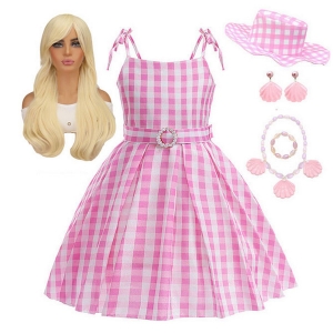 Costume barbie robe et le chapeau vichy rose avec bijoux pour fille