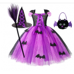 Costume Fille sorci&egrave;re violette tutu + balais + sac