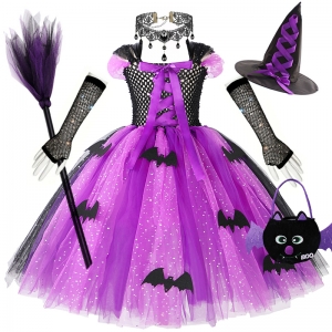 Costume Fille sorci&egrave;re violette tutu + balais + sac + gants