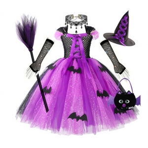 Costume Fille sorci&egrave;re violette tutu + balais + sac + gants + collier