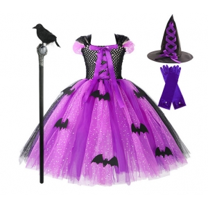 Costume Fille sorci&egrave;re violette tutu + gants + canne + corbeau