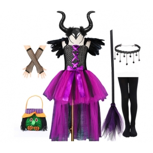 Costume Fille Mal&eacute;fique tutu violet avec cornes et balais