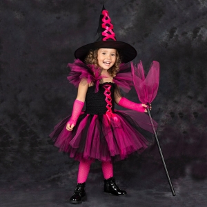Costume Fille sorci&egrave;re tutu rose avec balais