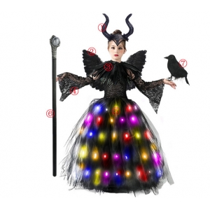 Costume Fille Mal&eacute;fique tutu lumineux LED multicolores avec ailes, canne, corbeau