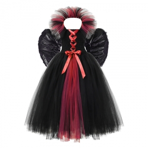 Costume Fille Mal&eacute;fique tutu noir et rouge avec ailes plumes