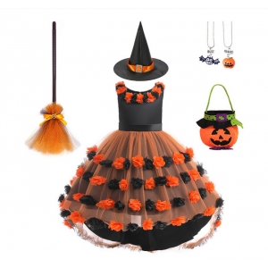 Costume Fille sorci&egrave;re fleurs noire et orange + 5 accessoires