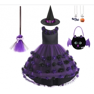 Costume Fille sorci&egrave;re fleurs noires et violettes + 5 accessoires