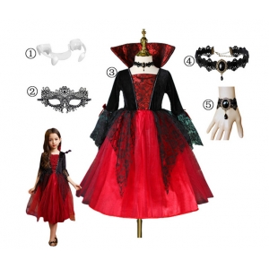Costume Fille dracula avec bijoux, dents et loup