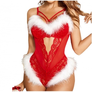 Lingerie body sexy m&egrave;re no&euml;l dentelle et plume