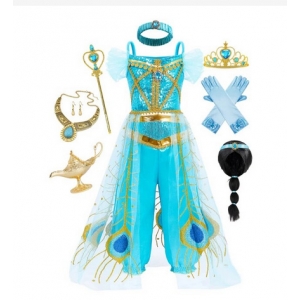 Costume pour fille jasmine Aladdin avec la lampe et perruque
