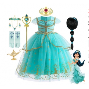 Costume pour fille robe jasmine Aladdin avec perruque