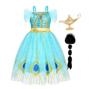 Costume pour fille robe jasmine Aladdin avec perruque et la lampe