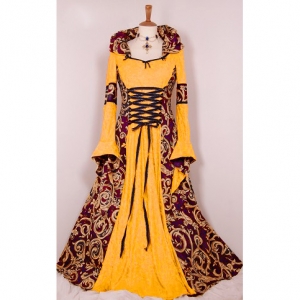 Robe m&eacute;divale deluxe jaune et bordeaux