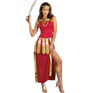 Costume gladiatrice rouge et dor&eacute;e