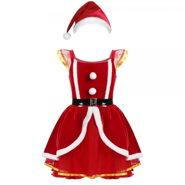 Robe De Noël Mère Noël Pour Fille 3-14 Ans - Rouge Et Blanc à Capuche - Manches Longues Avec Boutons - Taille Avec Ceinture
