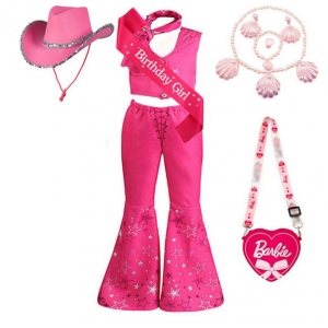 Costume barbie avec chapeau de cow boy, sac et bijoux pour fille