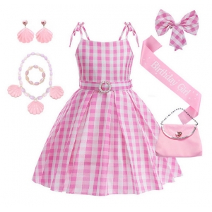 Costume barbie robe vichy rose avec bijoux et sac pour fille