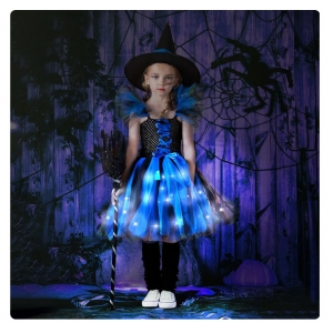 Costume Fille sorcière tutu bleu lumineux LED