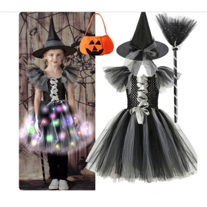 Costume Fille sorcière tutu gris lumineux LED