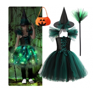 Costume Fille sorcière tutu vert lumineux LED